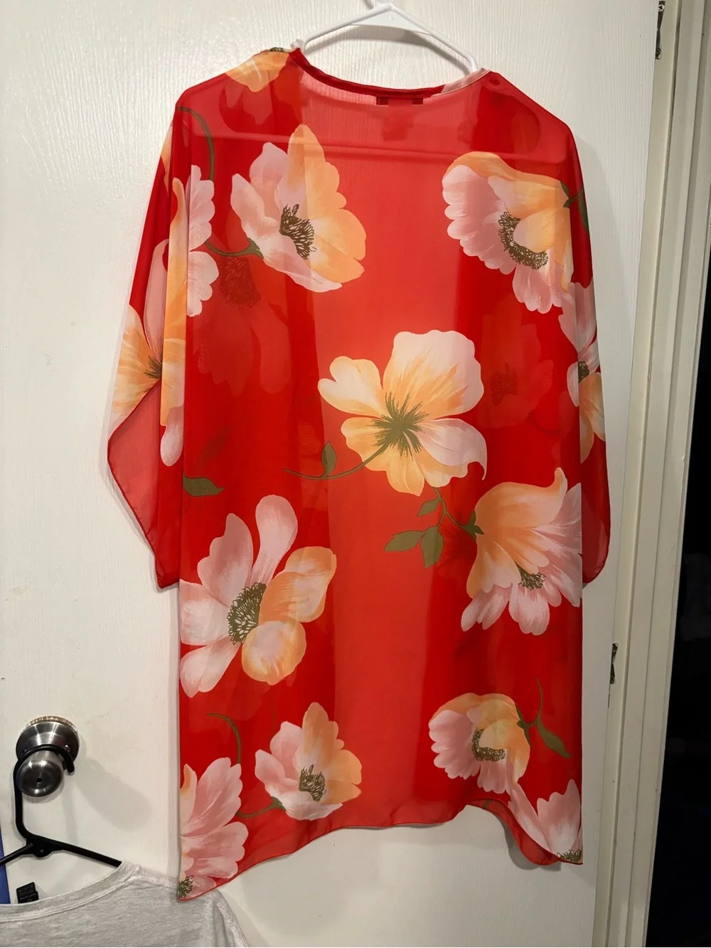 Ambiance Red Floral Sheer Kimono Wrap with Peach & White Blooms